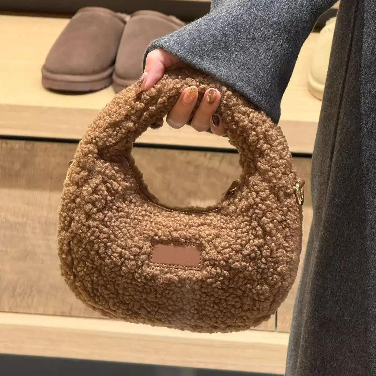 Half Moon Bag Suede - Half Moon Design Lamb Wool Handbag