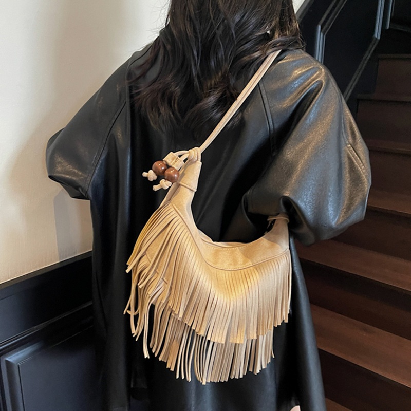 Half Moon Bag Suede - Fashion Retro Suede Tassel One Shoulder