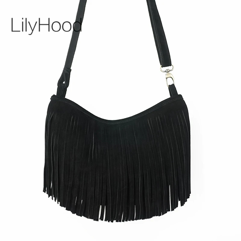 Half Moon Bag Suede - Women Genuine Leather Suede Fringed Shoulder