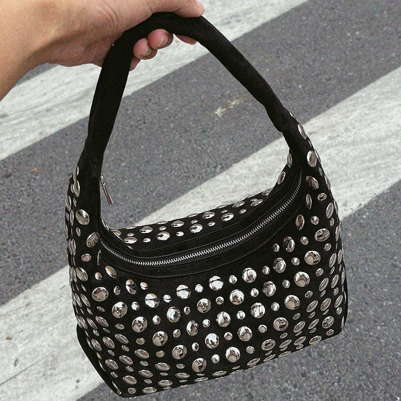 Half Moon Bag Suede - Fashion Studded Shoulder Bag Faux Suede
