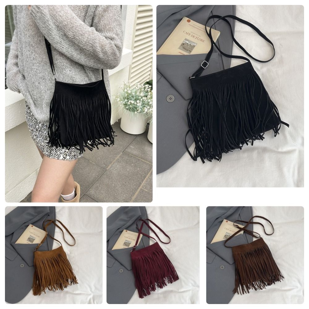 Bucket Bag Suede - Vintage Suede Fringe Crossbody Bag Large