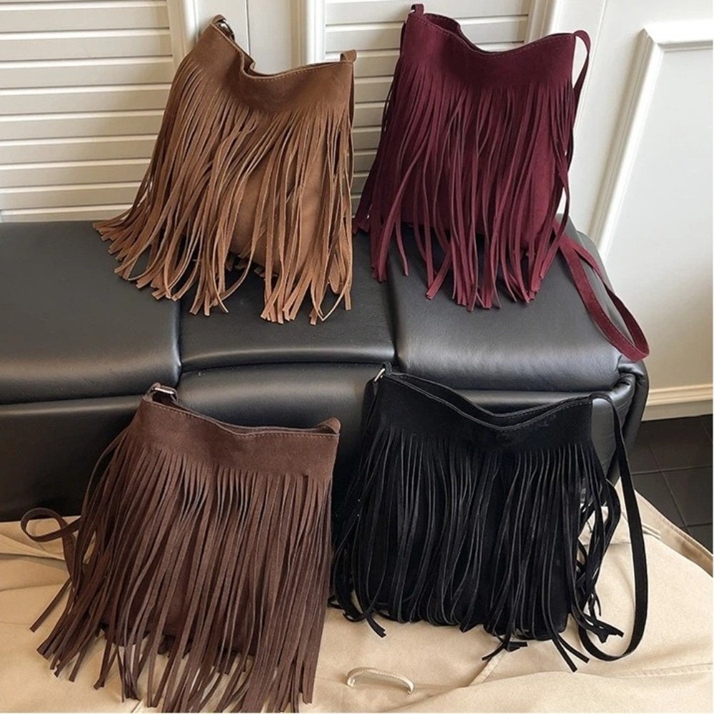 Fashion Suede Fringe Crossbody - Bucket Bag Suede 评论和价格