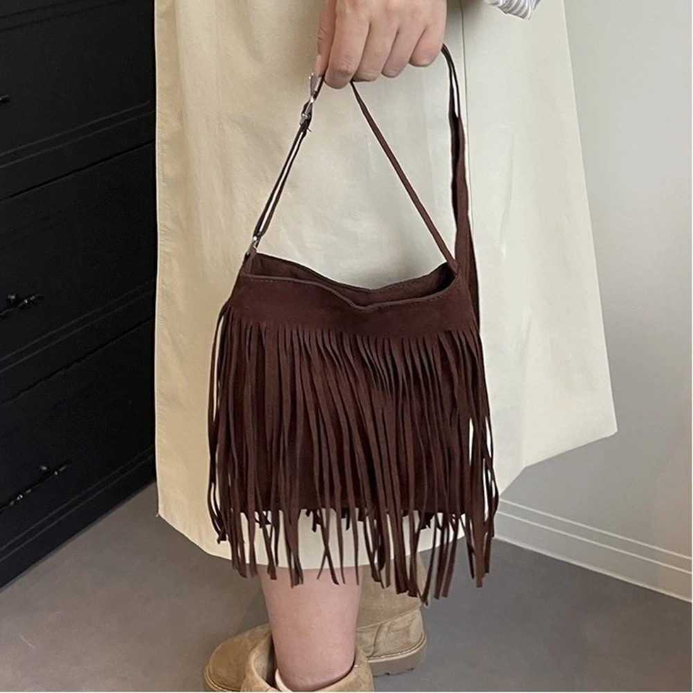 Vintage Suede Fringe Crossbody - Bucket Bag Suede 评论和价格