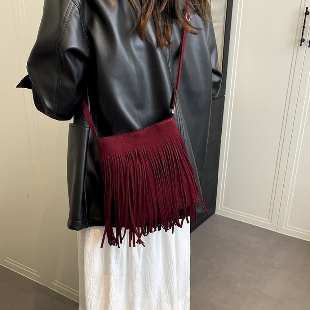 Vintage Suede Fringe Crossbody - Bucket Bag Suede 评论和价格