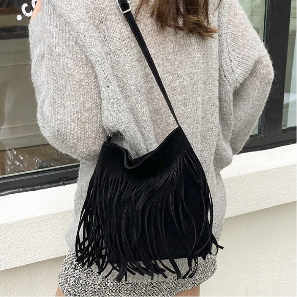 Vintage Suede Fringe Crossbody - Bucket Bag Suede 评论和价格
