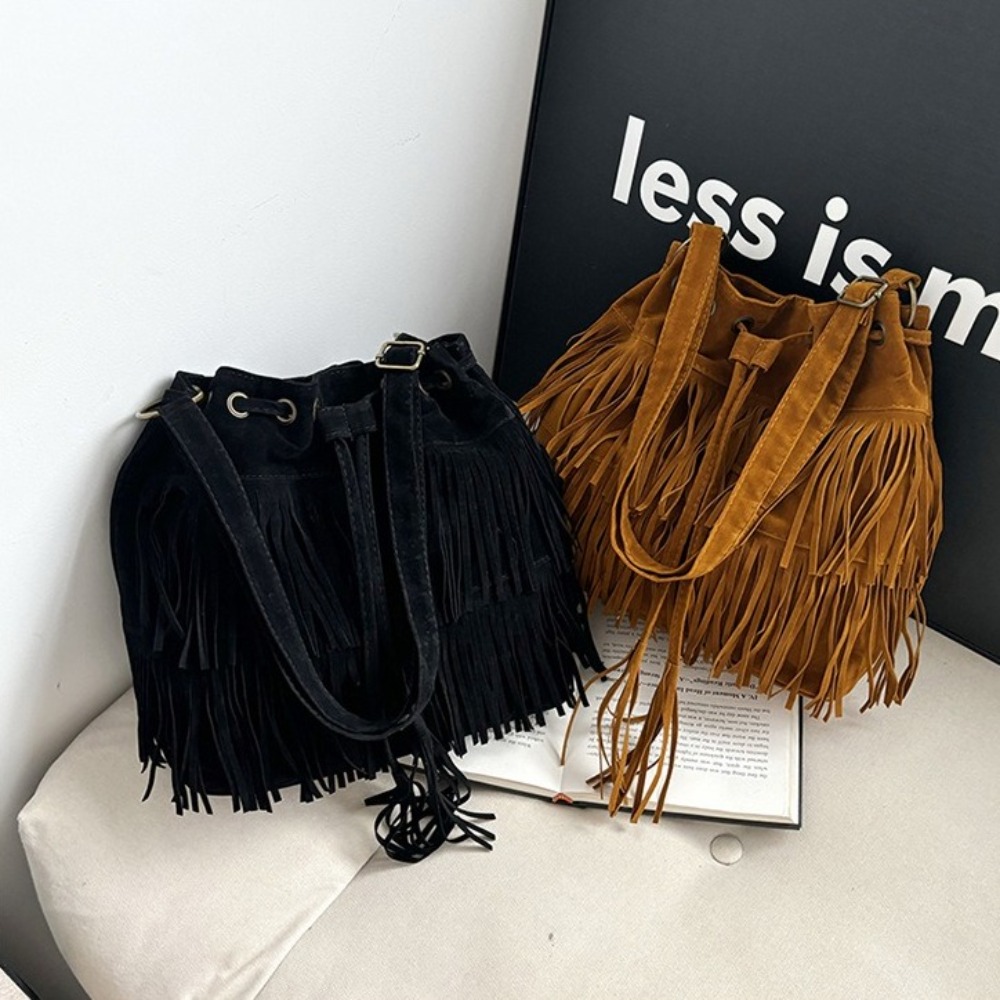 Korean Style Tassel Shoulder B - Bucket Bag Suede 评论和价格