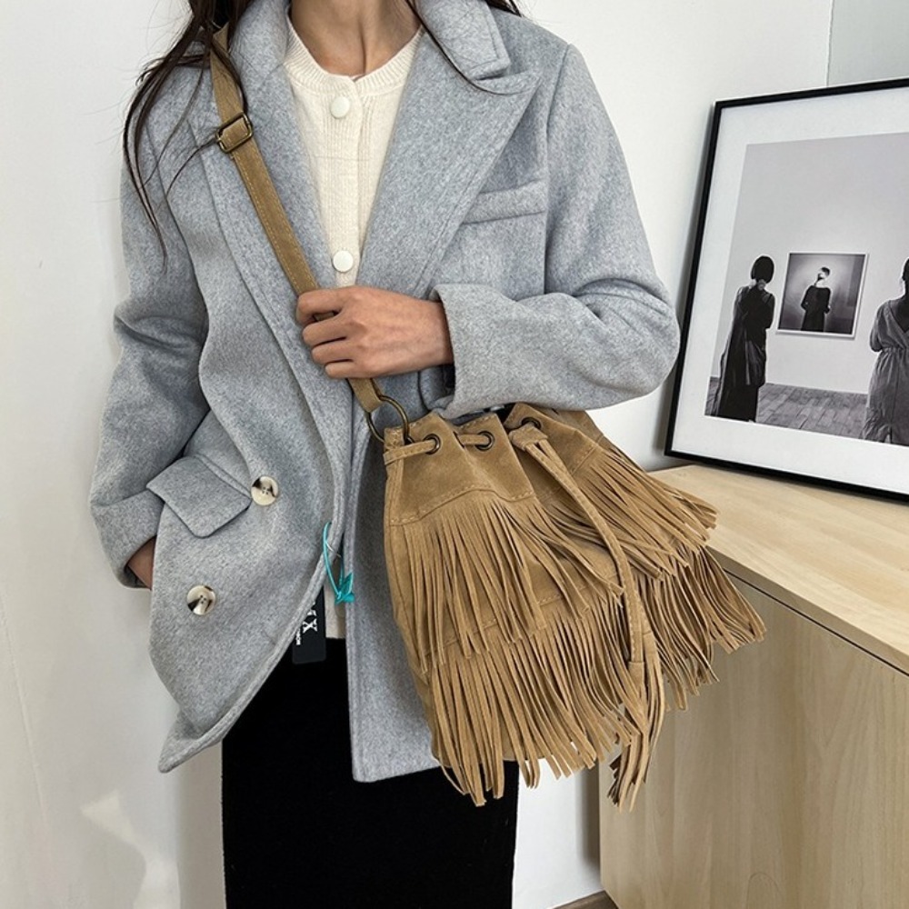 Korean Style Tassel Shoulder B - Bucket Bag Suede 评论和价格