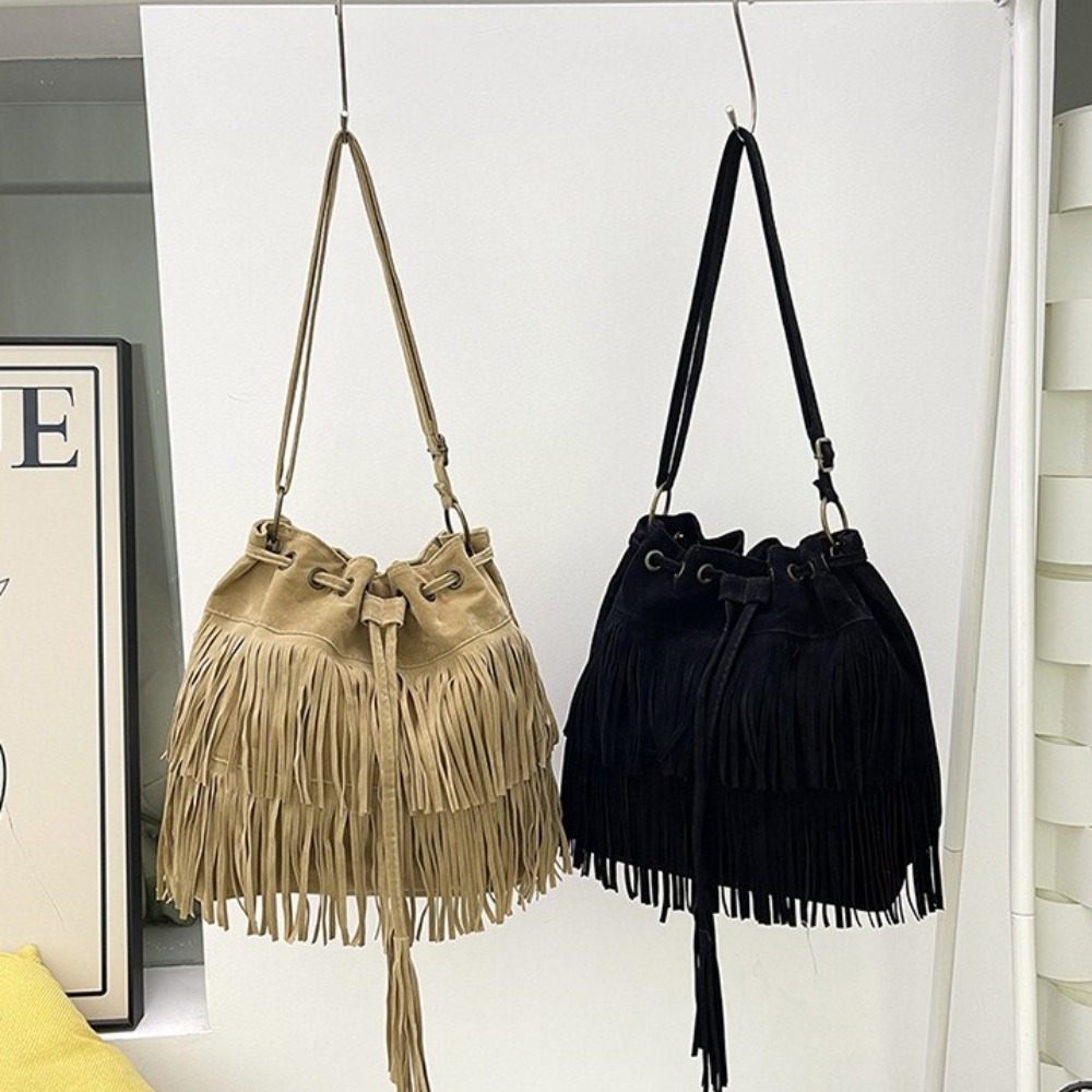 Korean Style Tassel Shoulder B - Bucket Bag Suede 评论和价格