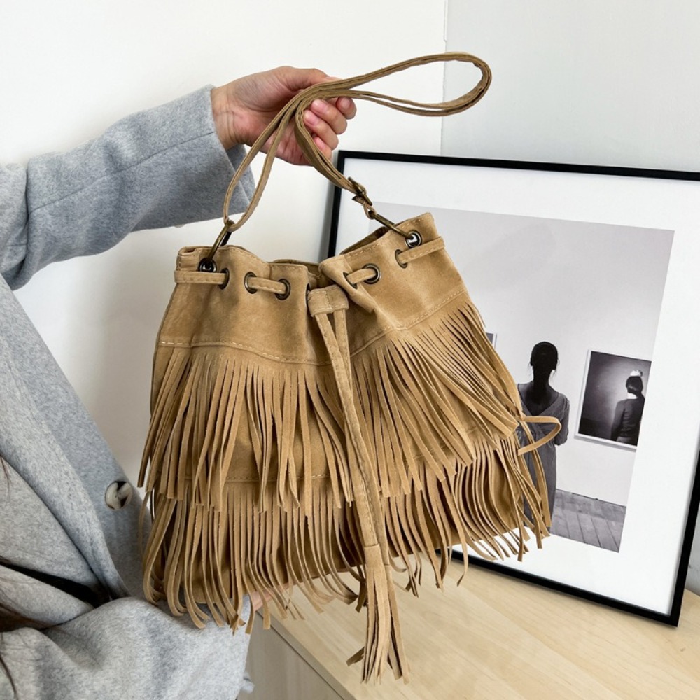 Korean Style Tassel Shoulder B - Bucket Bag Suede 评论和价格