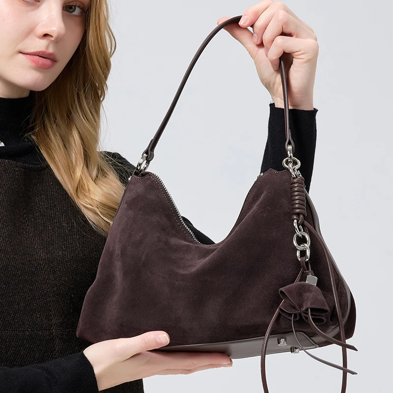 Retro Frosted Genuine Leather  - Half Moon Bag Suede 评论和价格