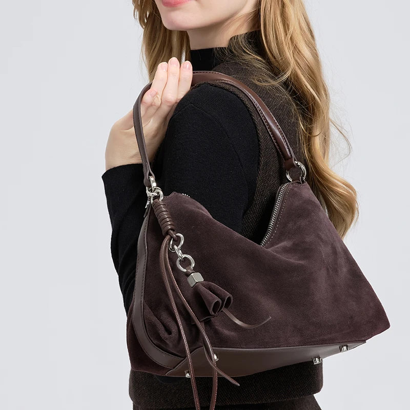 Retro Frosted Genuine Leather  - Half Moon Bag Suede 评论和价格