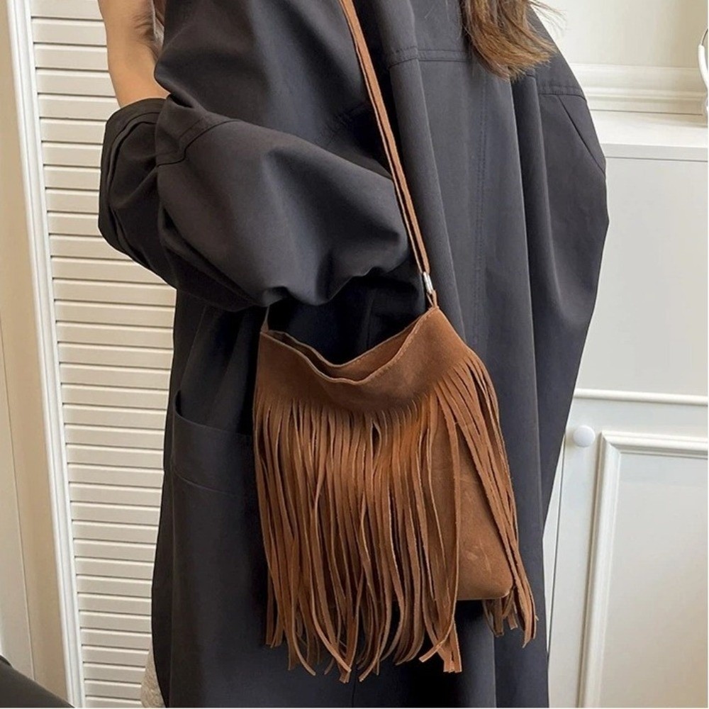 Vintage Suede Fringe Crossbody - Bucket Bag Suede 评论和价格