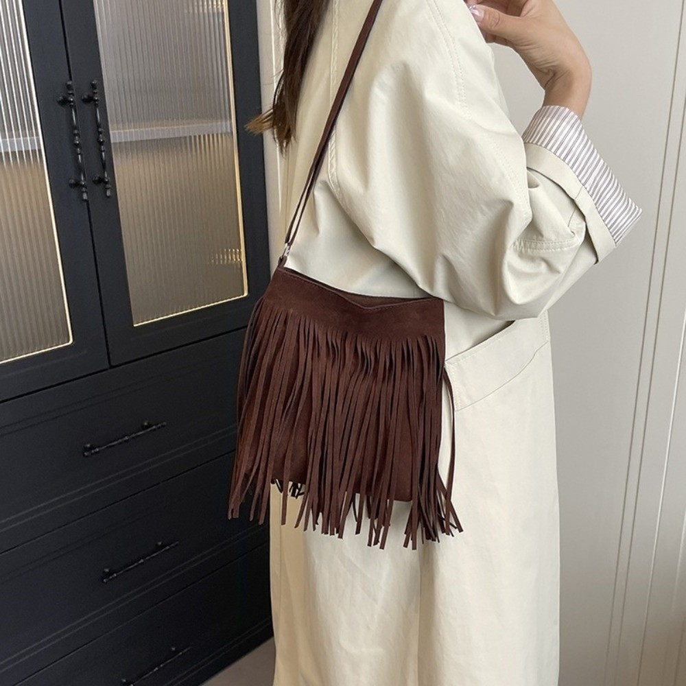Vintage Suede Fringe Crossbody - Bucket Bag Suede 评论和价格